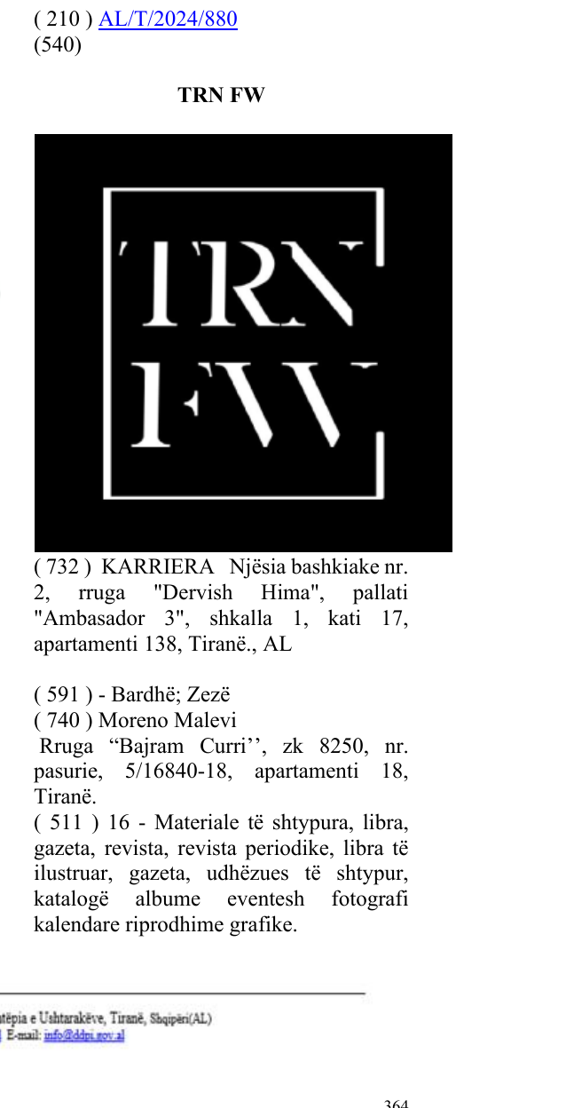 Zëri i markës TRN FW në buletin