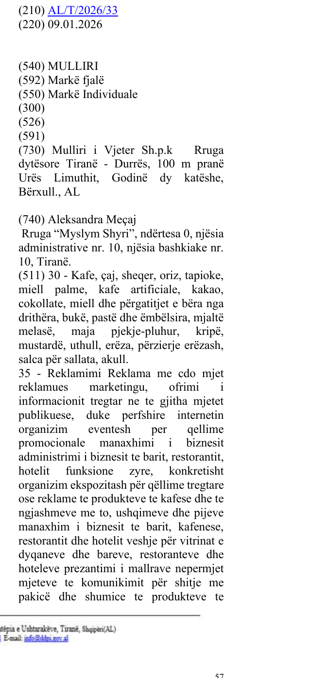 Zëri i markës MULLIRI në buletin