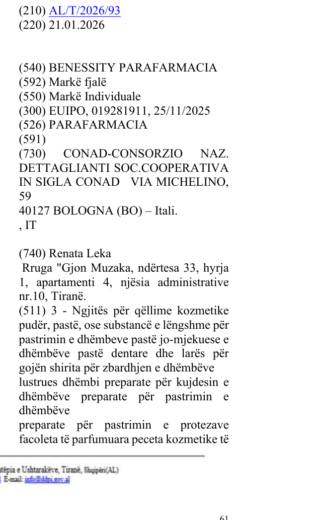 Zëri i markës BENESSITY PARAFARMACIA në buletin