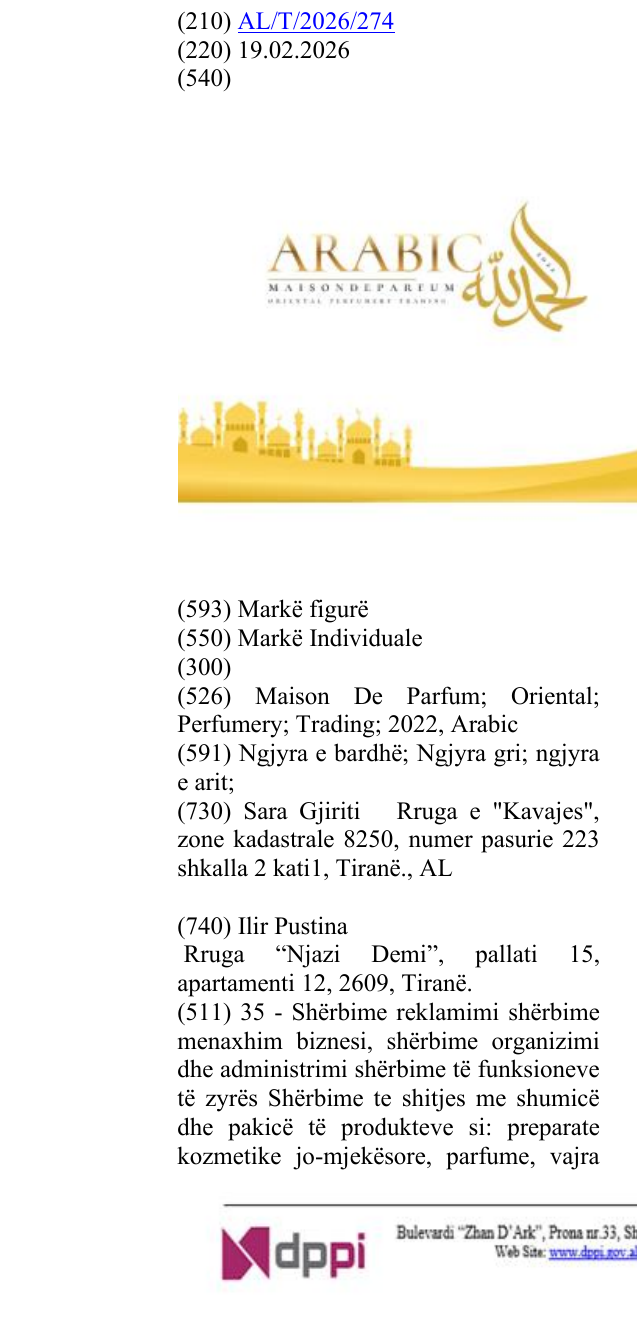 Zëri i markës Maison De Parfum; Oriental; Perfumery; Trading; 2022, Arabic në buletin