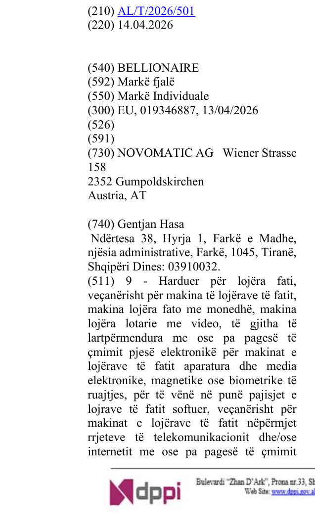 Zëri i markës BELLIONAIRE në buletin