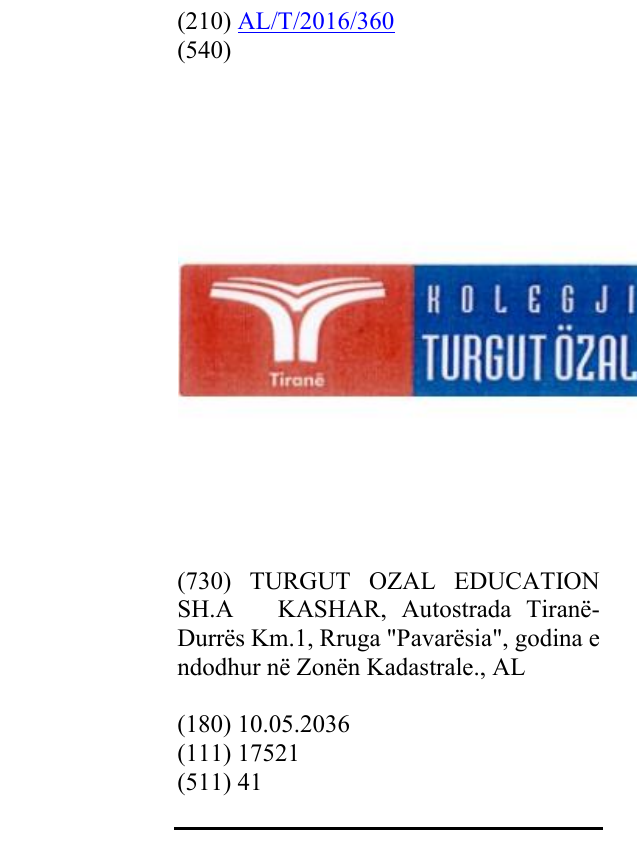 Zëri i markës KOLEGJI TURGUT ÖZAL - TIRANË në buletin