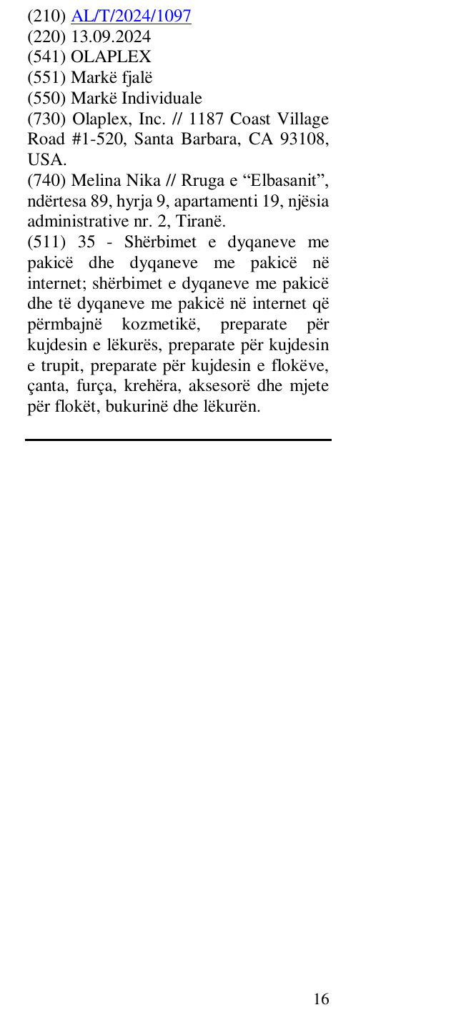 Zëri i markës OLAPLEX në buletin