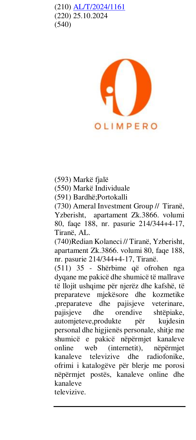 Zëri i markës OLIMPERO në buletin