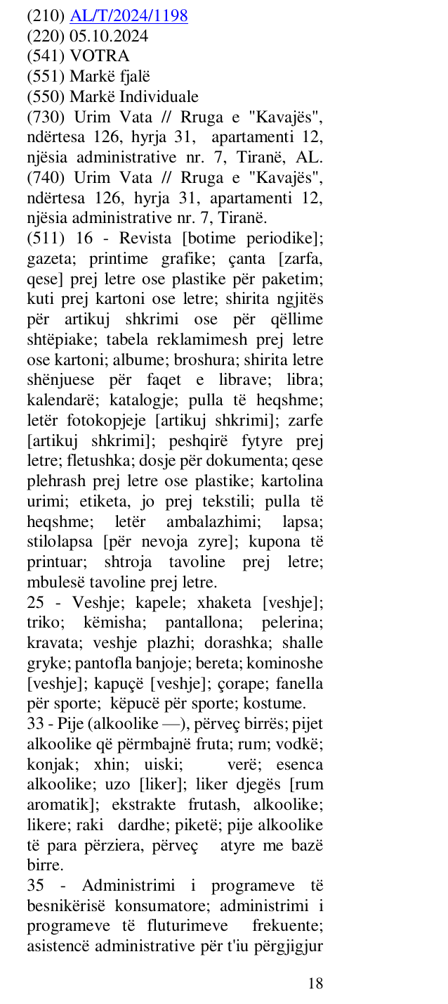 Zëri i markës VOTRA në buletin