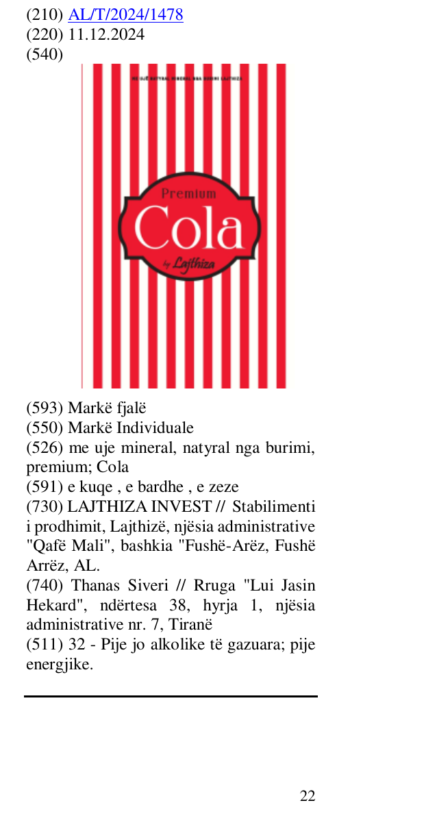 Zëri i markës me uje mineral, natyral nga burimi, premium; Cola në buletin