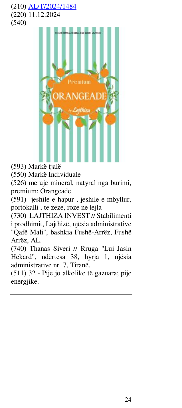 Zëri i markës me uje mineral, natyral nga burimi, premium; Orangeade në buletin