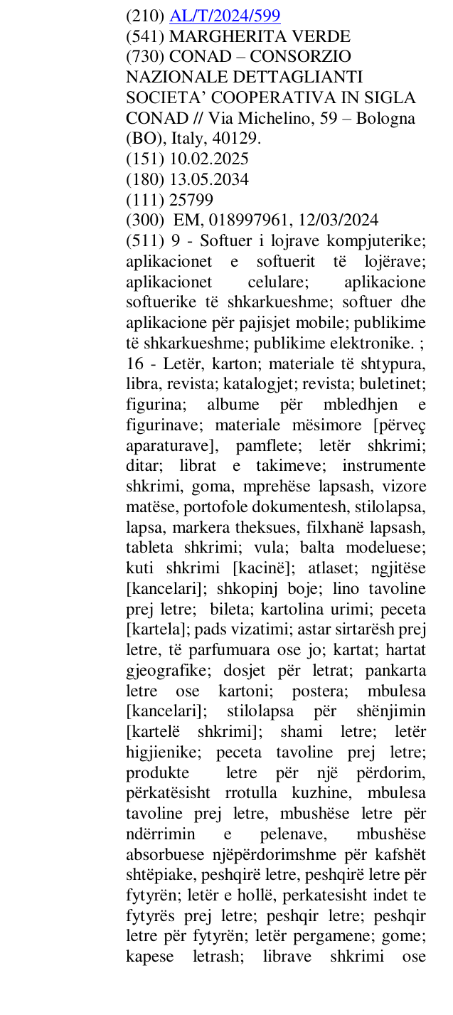 Zëri i markës MARGHERITA VERDE në buletin
