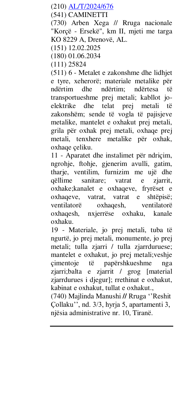 Zëri i markës CAMINETTI në buletin