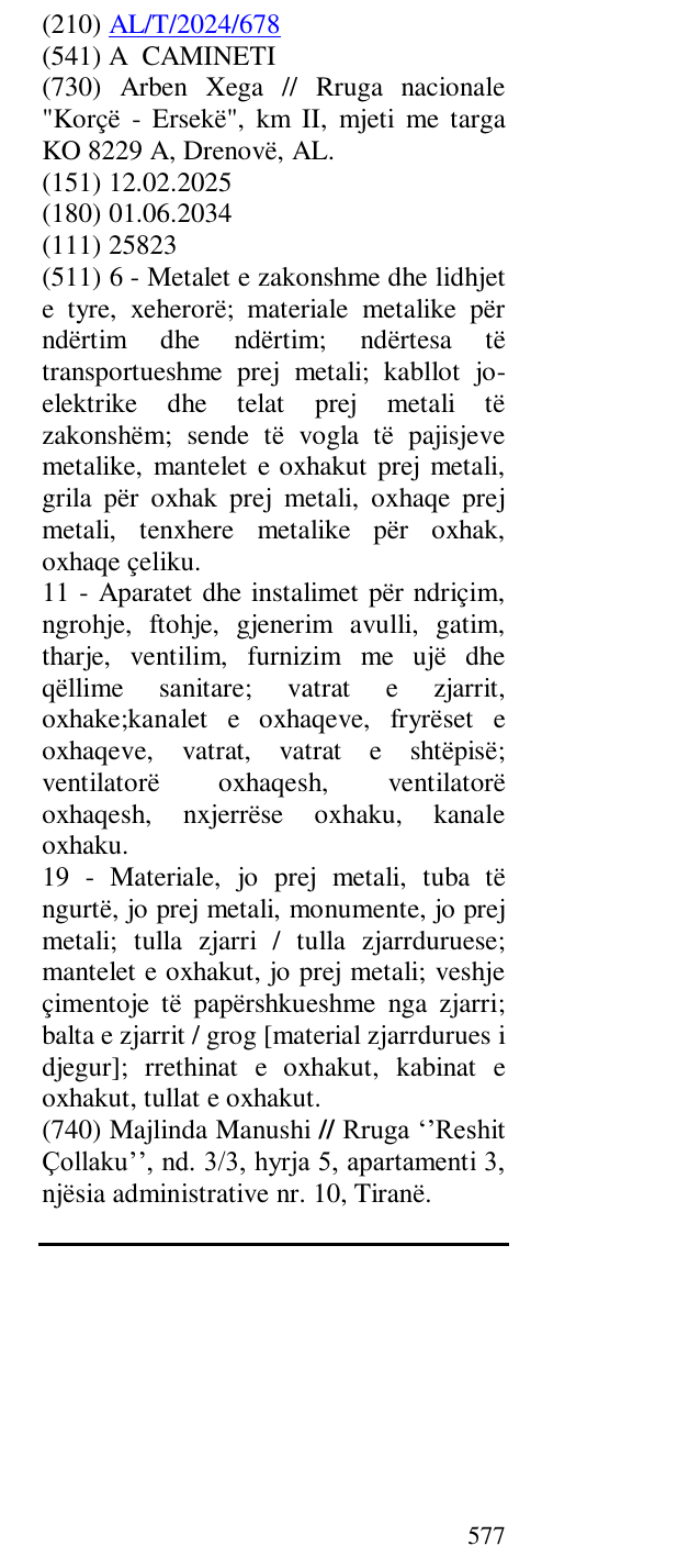 Zëri i markës A CAMINETI në buletin