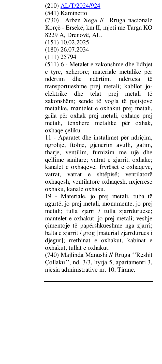 Zëri i markës Kaminetto në buletin