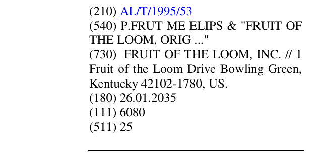 Zëri i markës P.FRUT ME ELIPS & "FRUIT OF THE LOOM, ORIG ..." në buletin