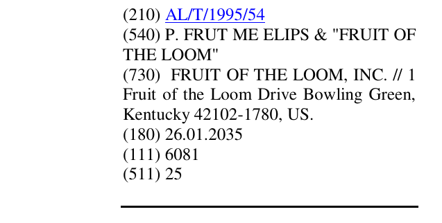 Zëri i markës P. FRUT ME ELIPS & "FRUIT OF THE LOOM" në buletin