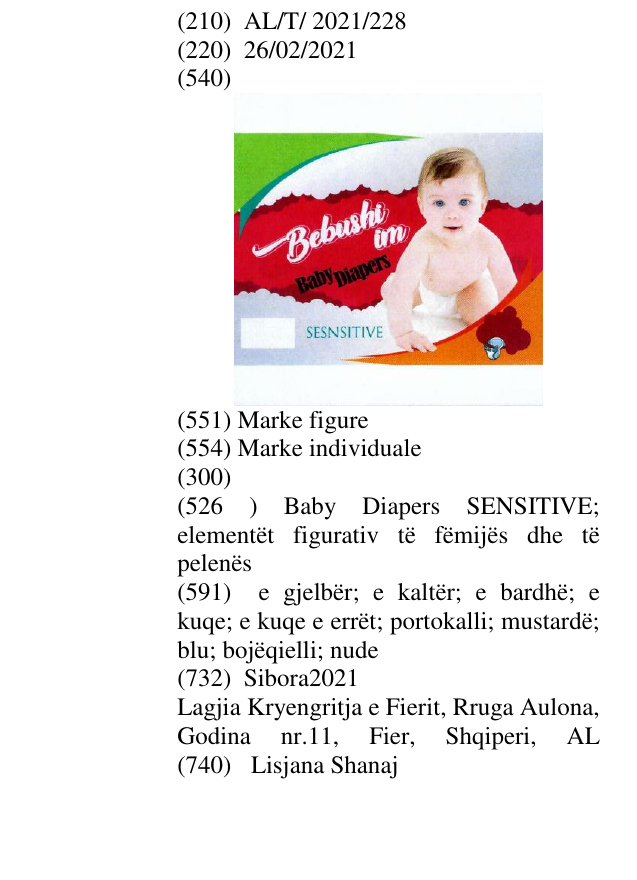 Zëri i markës Baby Diapers SENSITIVE; elementët figurativ të fëmijës dhe të pelenës në buletin