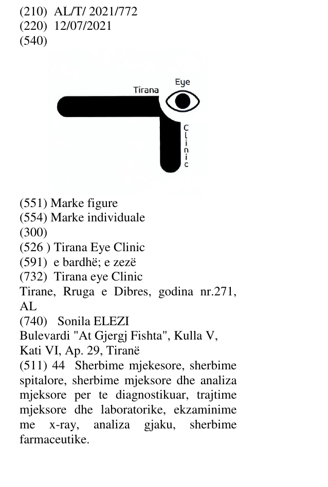 Zëri i markës Tirana Eye Clinic në buletin