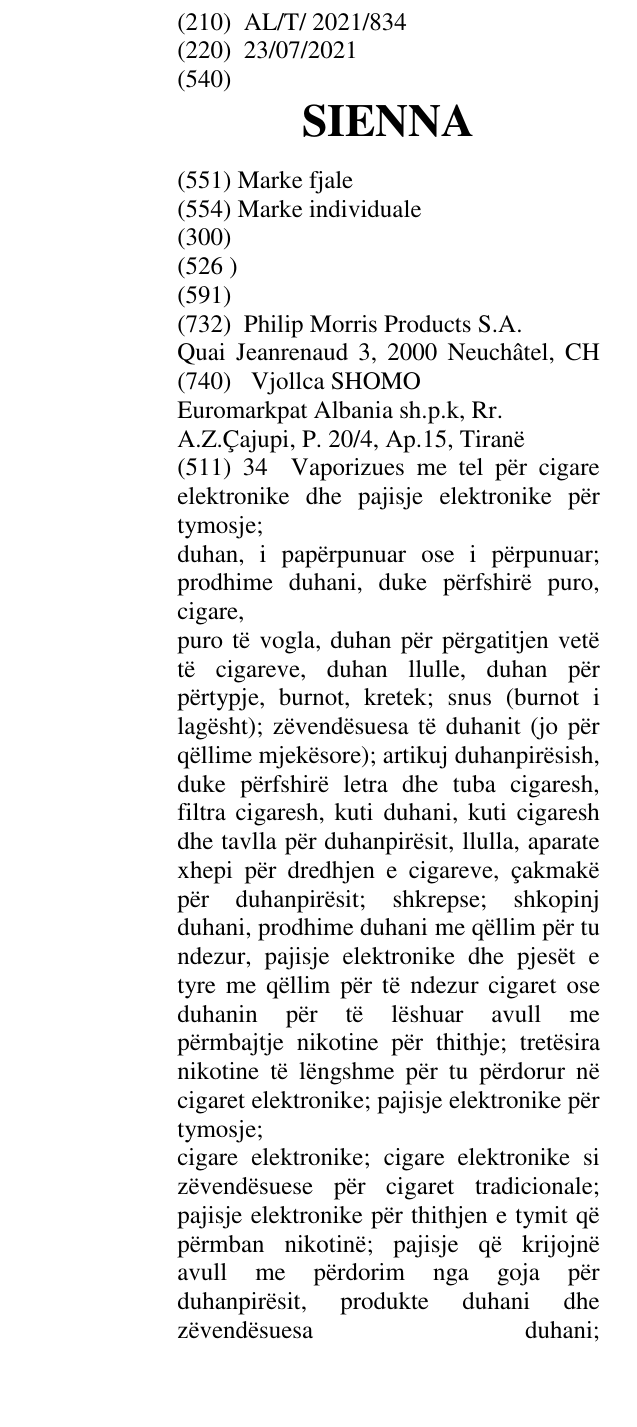 Zëri i markës SIENNA në buletin