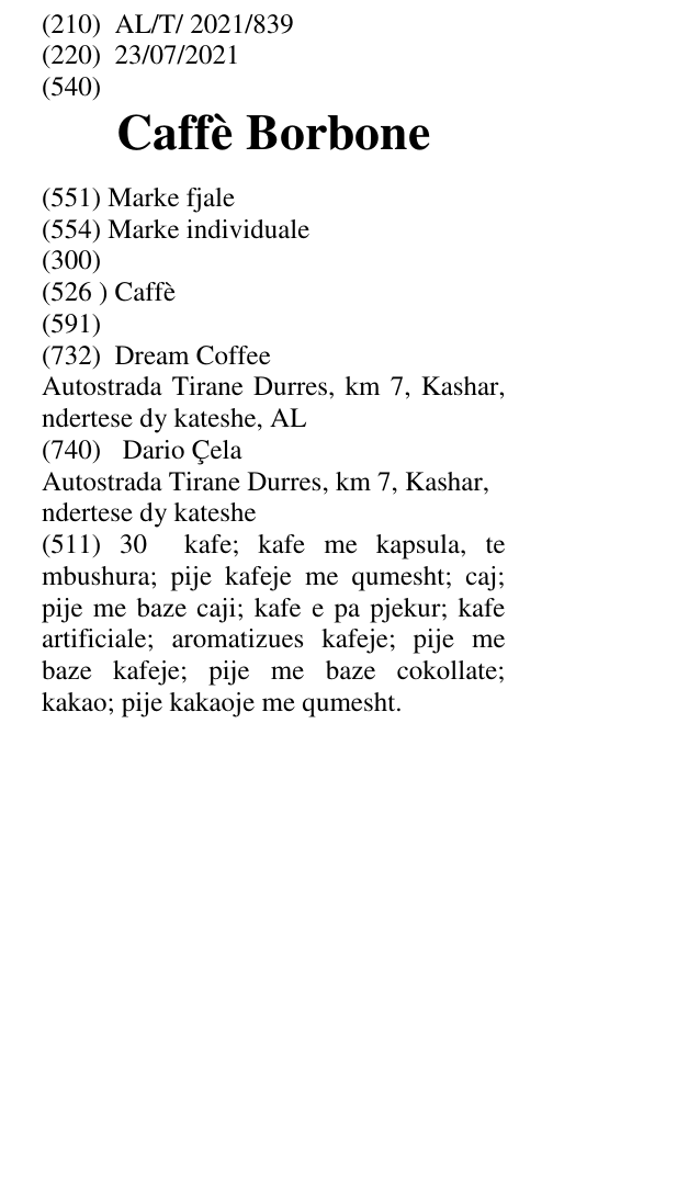 Zëri i markës Caffè Borbone në buletin