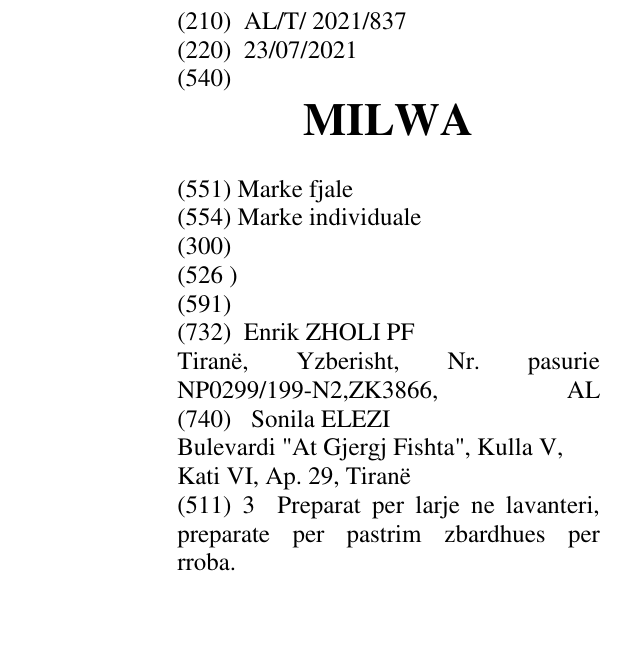 Zëri i markës MILWA në buletin