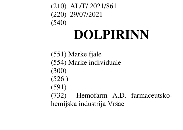 Zëri i markës DOLPIRINN në buletin