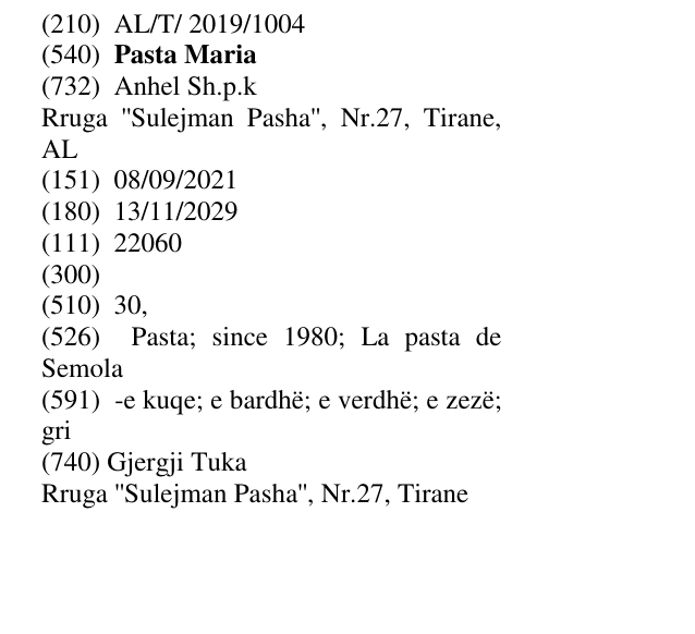Zëri i markës Pasta Maria në buletin