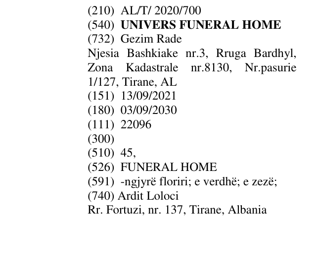 Zëri i markës UNIVERS FUNERAL HOME në buletin