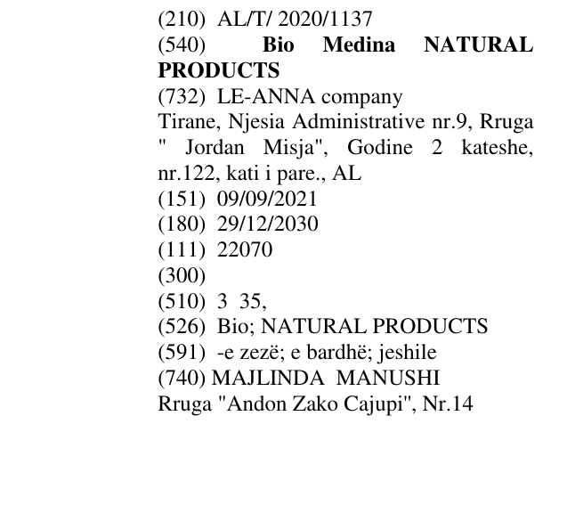 Zëri i markës Bio Medina NATURAL PRODUCTS në buletin