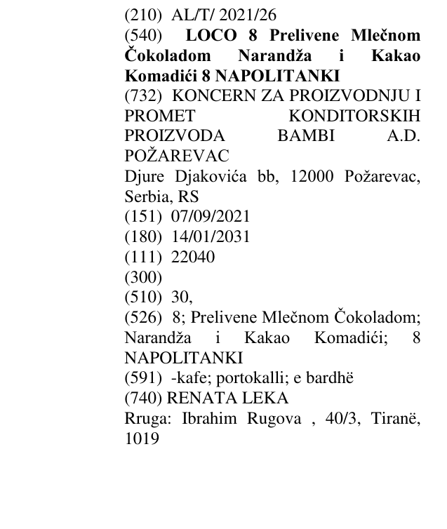 Zëri i markës LOCO 8 Prelivene Mlečnom Čokoladom Narandža i Kakao Komadići 8 NAPOLITANKI në buletin