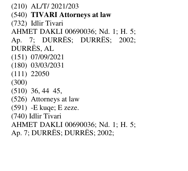Zëri i markës TIVARI Attorneys at law në buletin