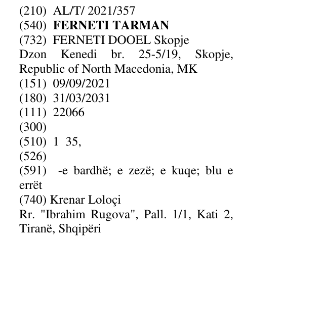 Zëri i markës FERNETI TARMAN në buletin