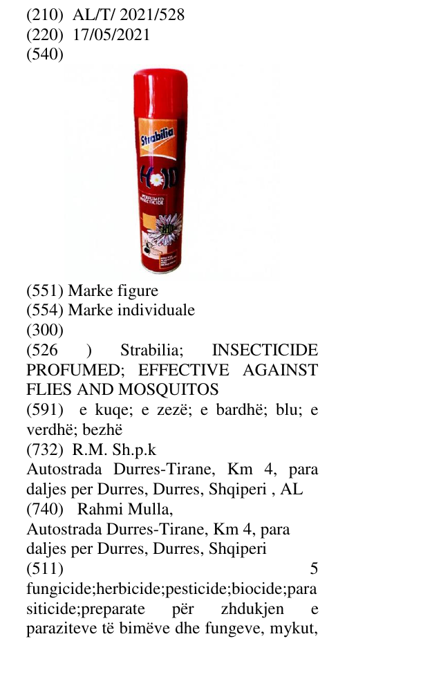Zëri i markës Strabilia; INSECTICIDE PROFUMED; EFFECTIVE AGAINST FLIES AND MOSQUITOS në buletin