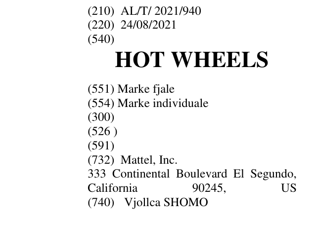Zëri i markës HOT WHEELS në buletin