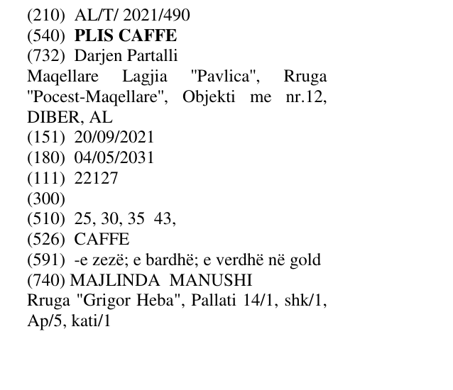 Zëri i markës PLIS CAFFE në buletin