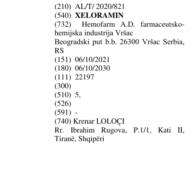 Zëri i markës XELORAMIN në buletin