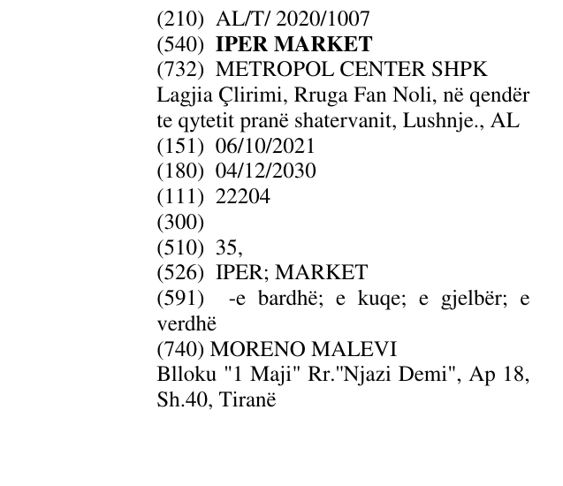Zëri i markës IPER MARKET në buletin