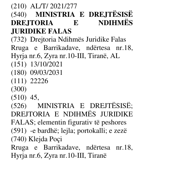 Zëri i markës MINISTRIA E DREJTËSISË DREJTORIA E NDIHMËS JURIDIKE FALAS në buletin