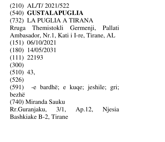 Zëri i markës GUSTALAPUGLIA në buletin
