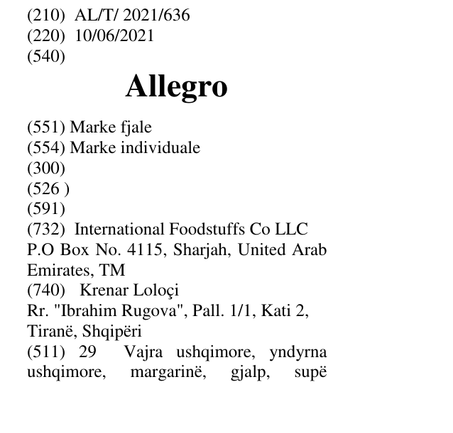 Zëri i markës Allegro në buletin