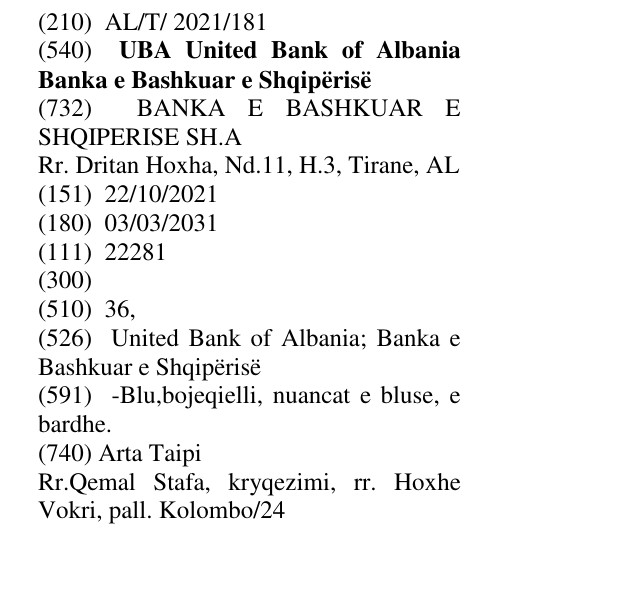 Zëri i markës UBA United Bank of Albania Banka e Bashkuar e Shqipërisë në buletin