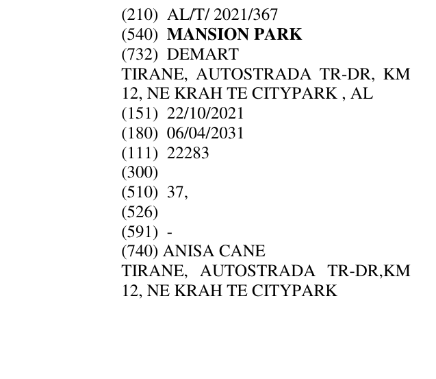 Zëri i markës MANSION PARK në buletin