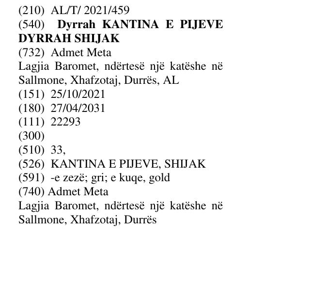 Zëri i markës Dyrrah KANTINA E PIJEVE DYRRAH SHIJAK në buletin