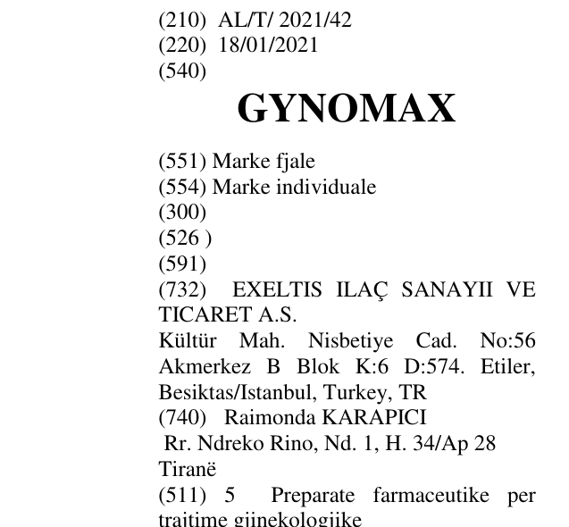 Zëri i markës GYNOMAX në buletin