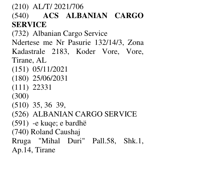 Zëri i markës ACS ALBANIAN CARGO SERVICE në buletin
