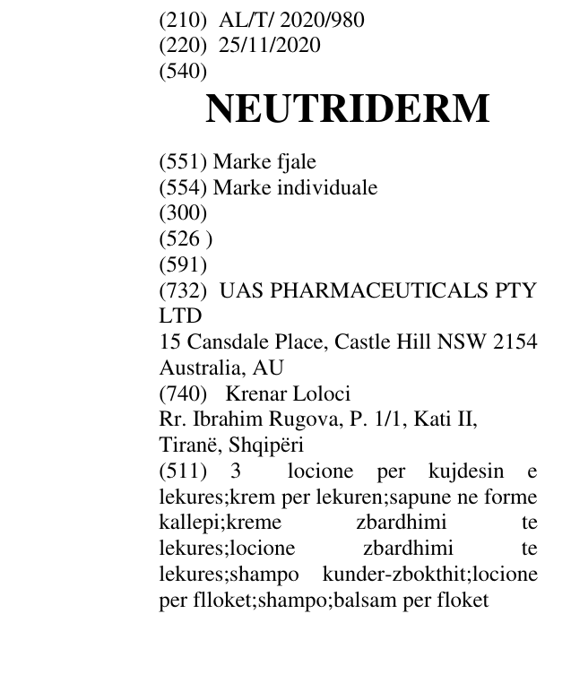 Zëri i markës NEUTRIDERM në buletin