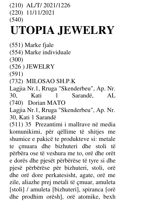 Zëri i markës UTOPIA JEWELRY në buletin