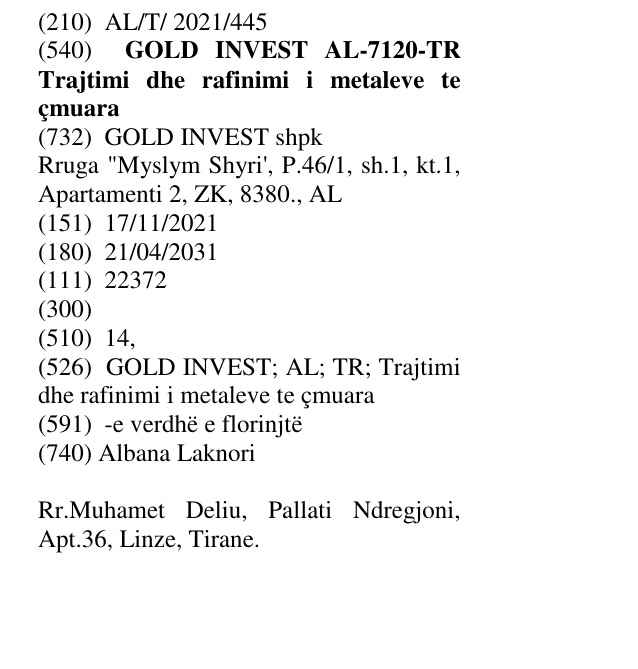 Zëri i markës GOLD INVEST AL -7120-TR Trajtimi dhe rafinimi i metaleve te çmuara në buletin