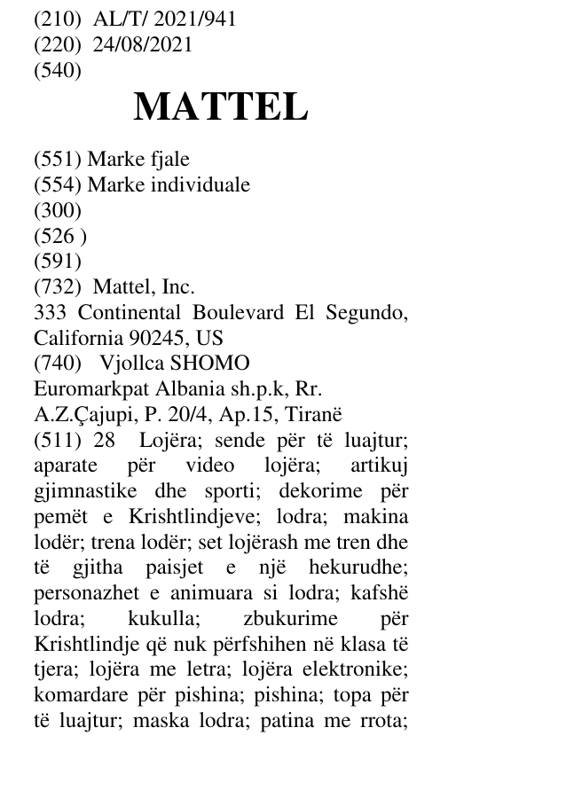 Zëri i markës MATTEL në buletin