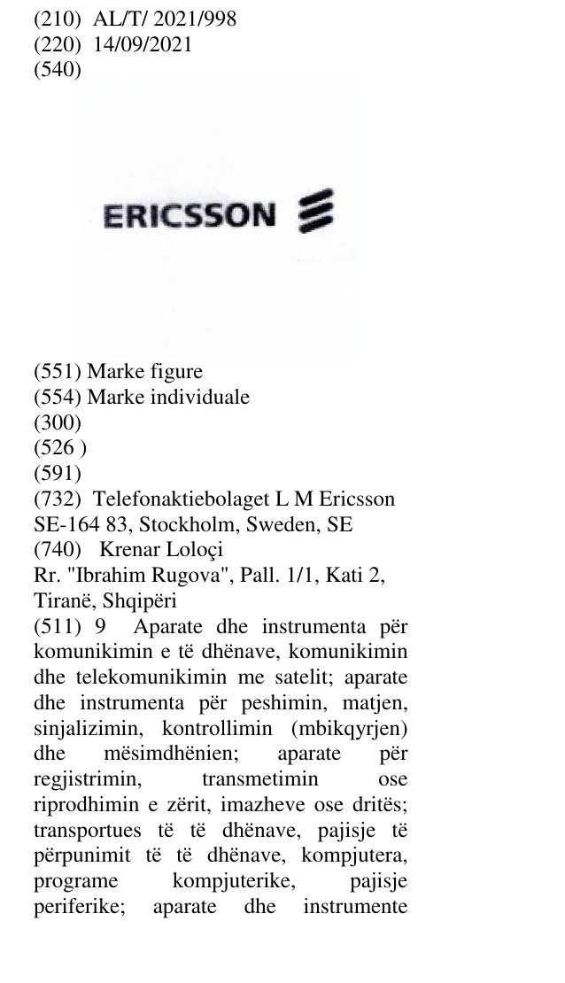 Zëri i markës ERICSSON në buletin