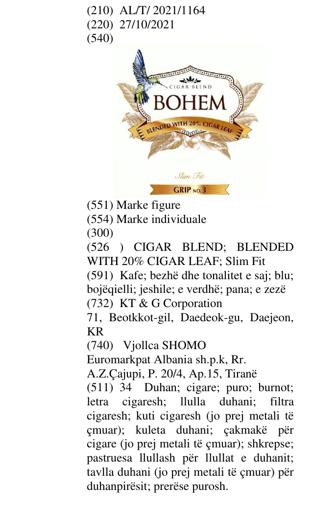 Zëri i markës CIGAR BLEND; BLENDED WITH 20% CIGAR LEAF; Slim Fit në buletin