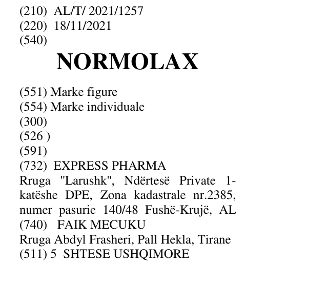 Zëri i markës NORMOLAX në buletin