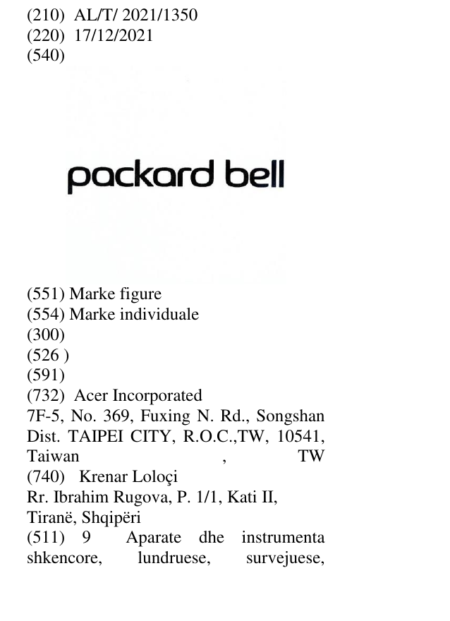 Zëri i markës PACKARD BELL në buletin